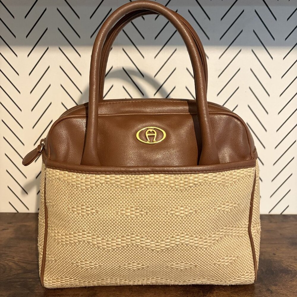 VTG Etienne Aigner Leather Woven Rattan Bag Cognac Brown Double Handle Spring